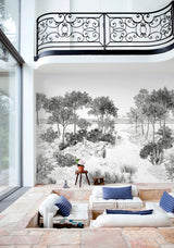 papier peint panoramique grisaille dune paysage arboré intérieur lumineux