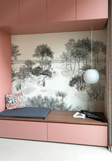 papier peint panoramique grisaille dune paysage nature dans un intérieur aux tons rosés
