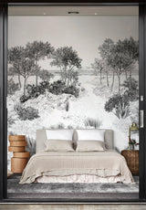 papier peint panoramique grisaille dune paysage dans une chambre moderne
